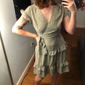 Monteau Green floral wrap dress with ruffles